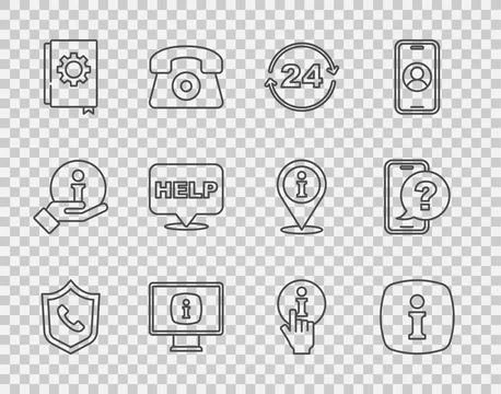 Set line Telephone 24 hours support, Information, Monitor with information, User Stock Illustration