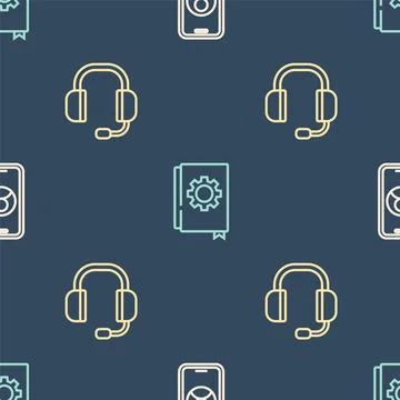 Set line Telephone 24 hours support, Headphones and User manual on seamless.. Stock Illustration