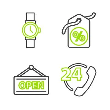 Set line Telephone 24 hours support Hanging sign with Open Discount percent t Stock Illustration