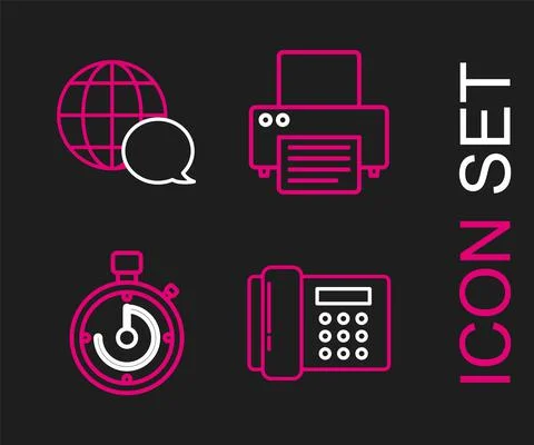 Set line Telephone, Briefcase, Printer and World map made from speech bubble Illustrazione stock