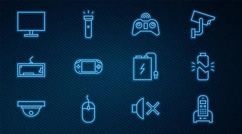 Set line Telephone, Broken battery, Wireless gamepad, Portable video console Stock Illustration