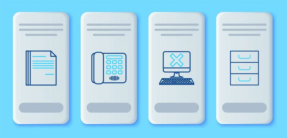 Set line Telephone, Computer with keyboard and x mark, File document and Draw Illustrazione stock