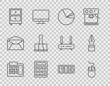 Set line Telephone, Computer mouse, Pie chart infographic, Calculator, Drawer 스톡 일러스트
