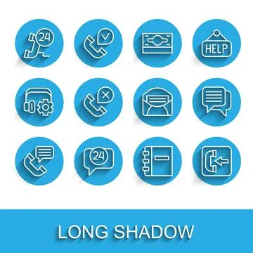 Set line Telephone conversation, 24 hours support, Notebook, Incoming call,.. Stock Illustration