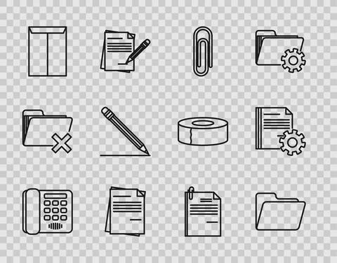 Set line Telephone, Document folder, Paper clip, File document, Envelope, Pencil Illustrazione stock