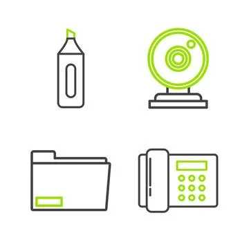 Set line Telephone, Document folder, Web camera and Marker pen icon. Vector イラスト素材