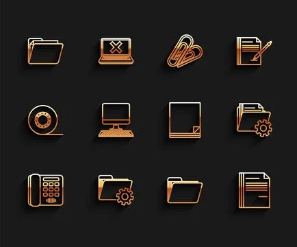 Set line Telephone, Folder settings with gears, Document folder, File docum.. Illustrazione stock