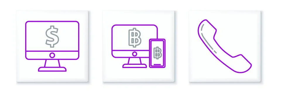Set line Telephone handset, Computer monitor with dollar symbol and mobile Stock-Illustration