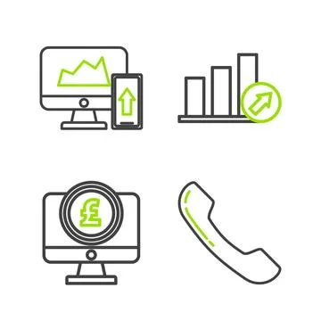 Set line Telephone handset, Computer monitor with pound sterling symbol, Pr.. Stock-Illustration