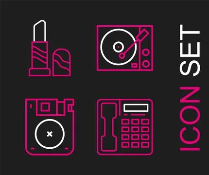 Set line Telephone handset, Floppy disk, Vinyl player and Lipstick icon. Vector Illustrazione stock