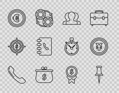 Set line Telephone handset, Push pin, Users group, Wallet with with dollar Stock Illustration