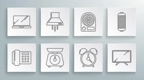 Set line Telephone, Kitchen extractor fan, Scales, Alarm clock, Smart Tv, Ele Stock Illustration
