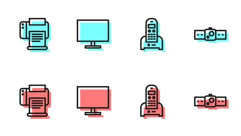 Set line Telephone, Printer, Computer monitor screen and Smartwatch icon. Vector Stock Illustration