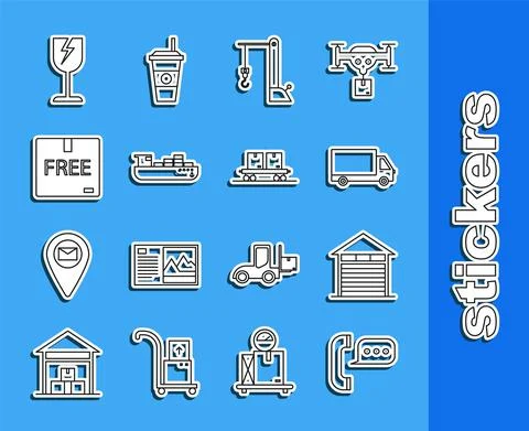 Set line Telephone with speech bubble chat, Harbor port crane, Cargo ship boxes Stock Illustration