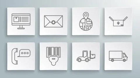 Set line Telephone with speech bubble chat, Scanner scanning bar code, Forklift Illustrazione stock