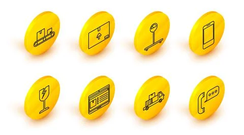 Set line Telephone with speech bubble chat, Delivery truck cardboard boxes, L Illustrazione stock
