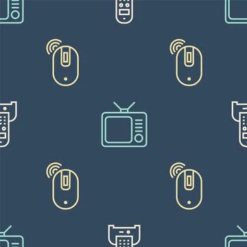Set line Telephone, Wireless computer mouse and Retro tv on seamless pattern Stockillustratie