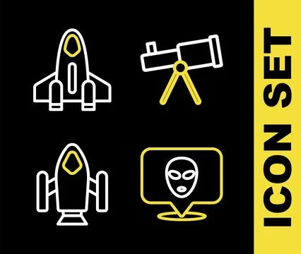 Set line Telescope, Alien, Rocket ship and  icon. Vector Stock Illustration