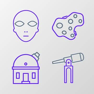 Set line Telescope, Astronomical observatory, Asteroid and Alien icon. Vector Stock Illustration