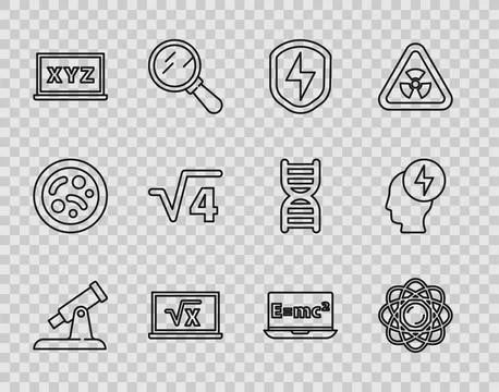 Set line Telescope, Atom, Secure shield with lightning, Square root of x gl.. Stock Illustration