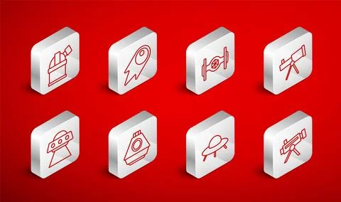 Set line Telescope, Comet falling down fast, Cosmic ship, UFO flying spaceship Illustrazione stock