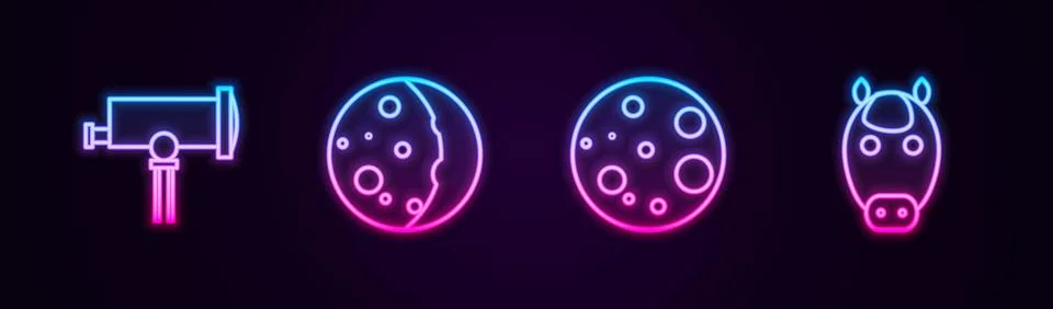 Set line Telescope, Eclipse of the sun, Moon and Horse zodiac. Glowing neon i イラスト素材
