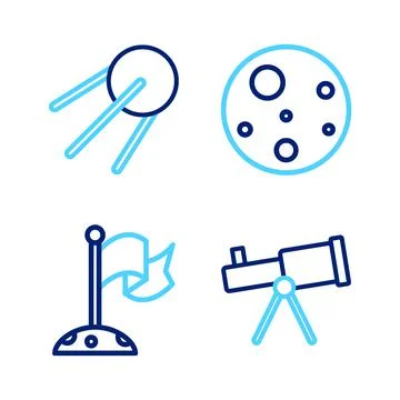 Set line Telescope, Moon with flag, Planet Mars and Satellite icon. Vector Ilustração Stock