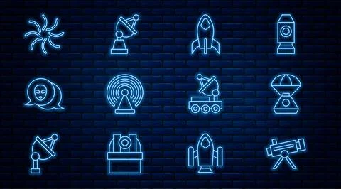 Set line Telescope, Space capsule, Rocket ship, Radar, Alien, Black hole, M.. Stock Illustration