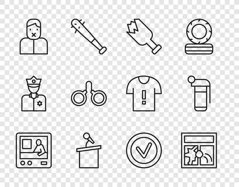 Set line Television report, Broken window, bottle as weapon, Stage stand tribune Stock Illustration