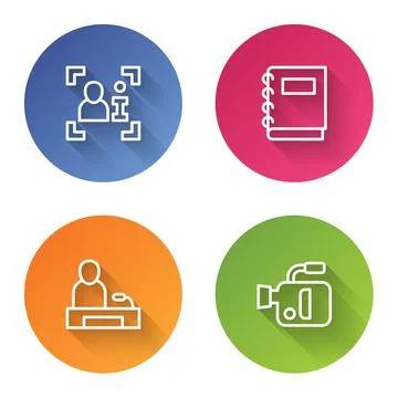 Set line Television report, Notebook, and Cinema camera. Color circle button Stock Illustration