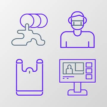 Set line Television report, Plastic bag, Face in protective mask and Barrel.. Stock Illustration
