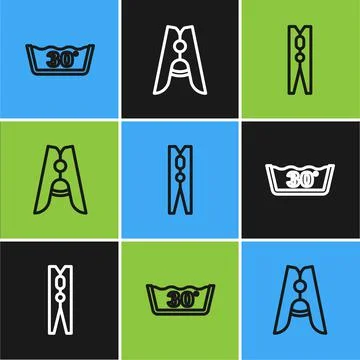 Set line Temperature wash, Clothes pin and icon. Vector Illustrazione stock