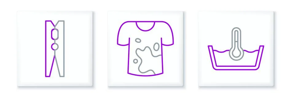 Set line Temperature wash, Clothes pin and Dirty t-shirt icon. Vector Illustrazione stock