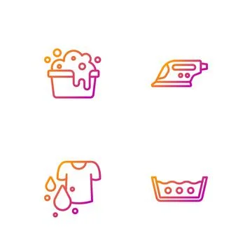 Set line Temperature wash, Dirty t-shirt, Basin with soap suds and Electric iron Stock Illustration