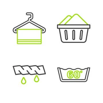 Set line Temperature wash, Squeeze clothes, Basin with soap suds and Towel .. Stock Illustration