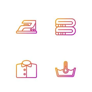 Set line Temperature wash, T-shirt, Electric iron and Towel stack. Gradient.. Stock Illustration