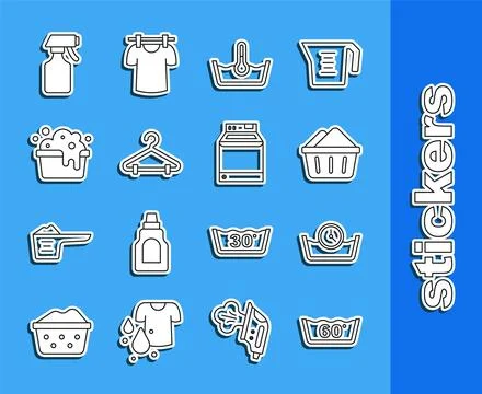 Set line Temperature wash, Time, Basin with soap suds, Hanger wardrobe, Wat.. Stock Illustration