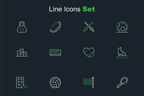 Set line Tennis racket with ball, Checkered flag, Volleyball, Sports doping.. 스톡 일러스트