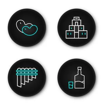 Set line Tequila bottle and glass, Pan flute, Chichen Itza in Mayan and Bea.. Ilustración de archivo