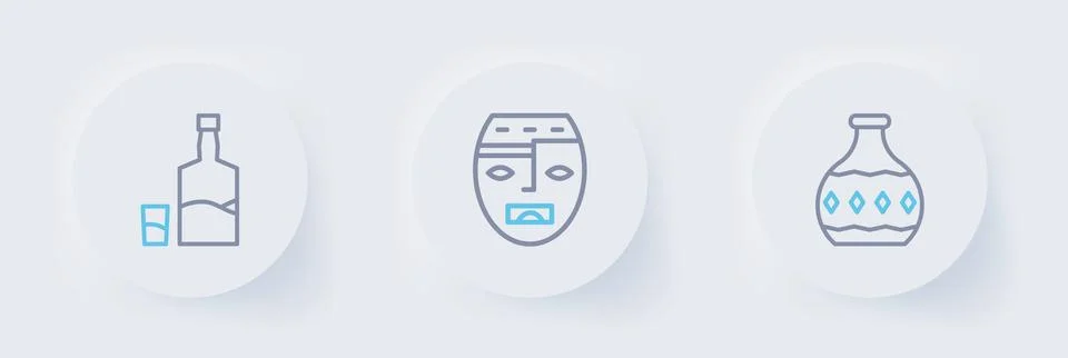 Set line Tequila bottle, Aztec mask and and glass icon. Vector Stock Illustration