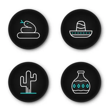 Set line Tequila bottle, Cactus, Mexican sombrero and Snake icon. Vector Stock Illustration