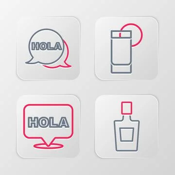 Set line Tequila bottle, Hola, glass with lemon and  icon. Vector Stock Illustration