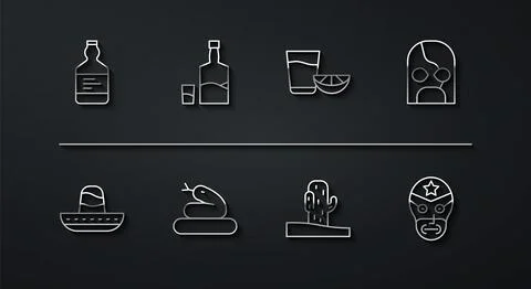 Set line Tequila bottle, Mexican sombrero, wrestler, Cactus, Snake, and gla.. Stock Illustration
