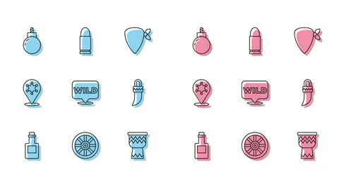Set line Tequila bottle, Old wooden wheel, Bomb ready to explode, Drum, Poi.. 스톡 일러스트