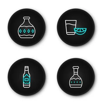 Set line Tequila bottle, Tabasco sauce, glass with lemon and  icon. Vector Stock Illustration