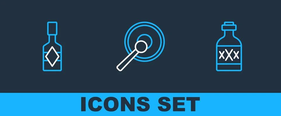 Set line Tequila bottle, Tabasco sauce and Gong icon. Vector Stock Illustration