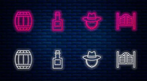 Set line Tequila bottle, Western cowboy hat, Gun powder barrel and Saloon d.. Illustrazione stock