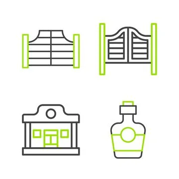 Set line Tequila bottle, Wild west saloon, Saloon door and  icon. Vector Ilustración de archivo