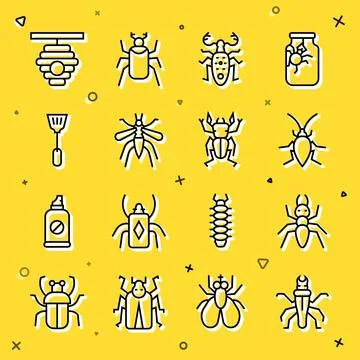 Set line Termite, Ant, Cockroach, Beetle deer, Mosquito, Fly swatter, Hive .. Stock Illustration
