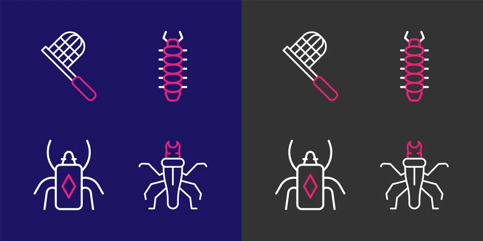 Set line Termite, Beetle bug, Centipede and Butterfly net icon. Vector Stock Illustration